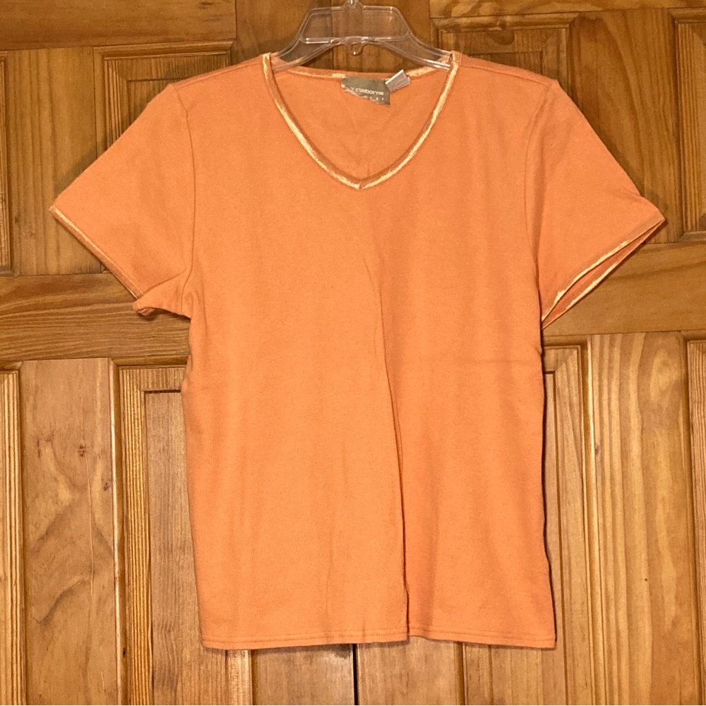 NWOT Liz Claiborne Lizwear Vintage 90s Top V Neck Stretch Short Sleeve Orange L